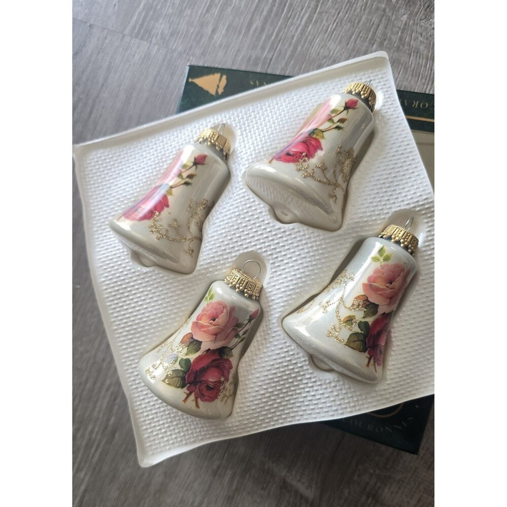 4 Vintage Glass Christmas Bell Ornaments Roses Gold Accent